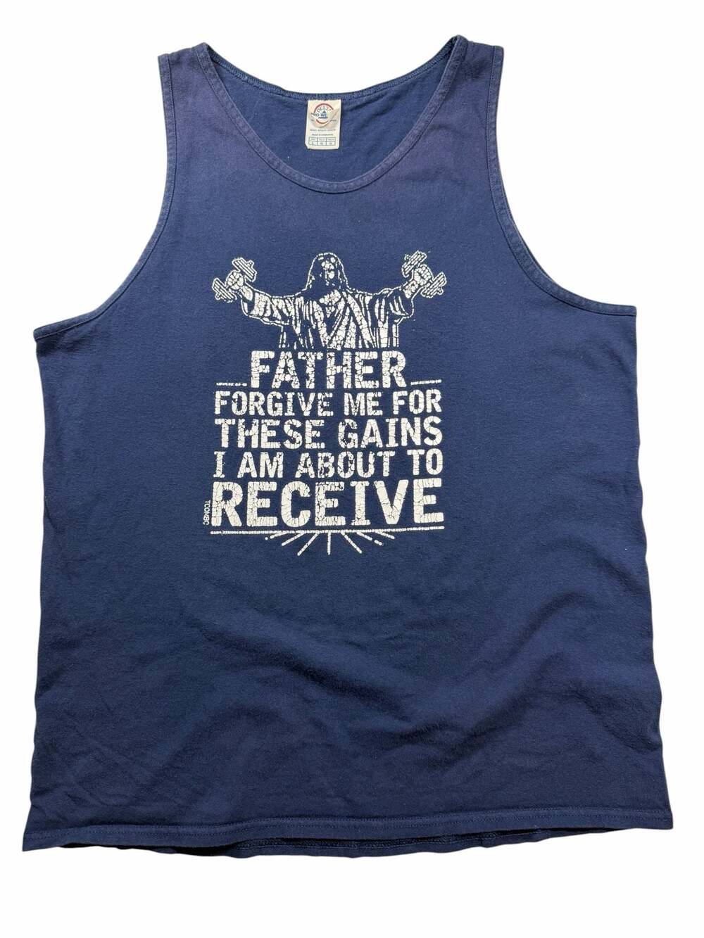 Father Forgive Me For These Gains Tank Top Jesus Gym Workout Mens L Delta L